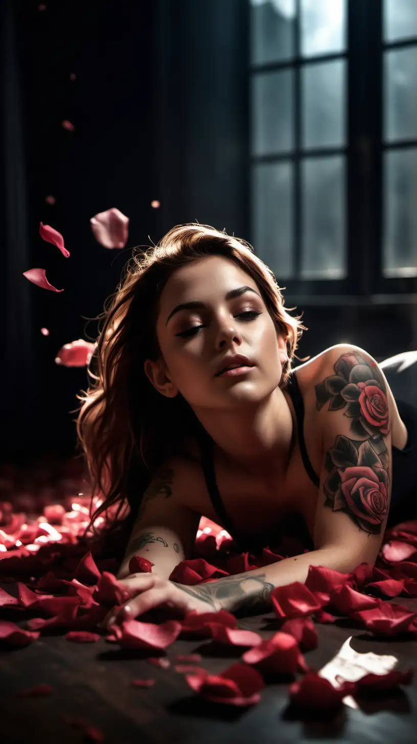 /imagine prompt : An ultra-realistic photograph captured with a canon 5d mark III camera, equipped with an 55mm lens at F 1.2 aperture setting, featuring a young  woman lying on ground in a dark room with rose tattoos on her body  . The background is beautifully blurred, highlighting the subject. The room is empty .  ground filled with rose petals.  floating rose petals on air , creating a romantic atmosphere. Soft spot light from window gracefully illuminates the subject’s face and hair, casting a dreamlike glow. The image, shot in high resolution and a 16:9 aspect ratio, captures the subject’s natural beauty and personality with stunning realism –ar 16:9 –v 5.2 –style raw