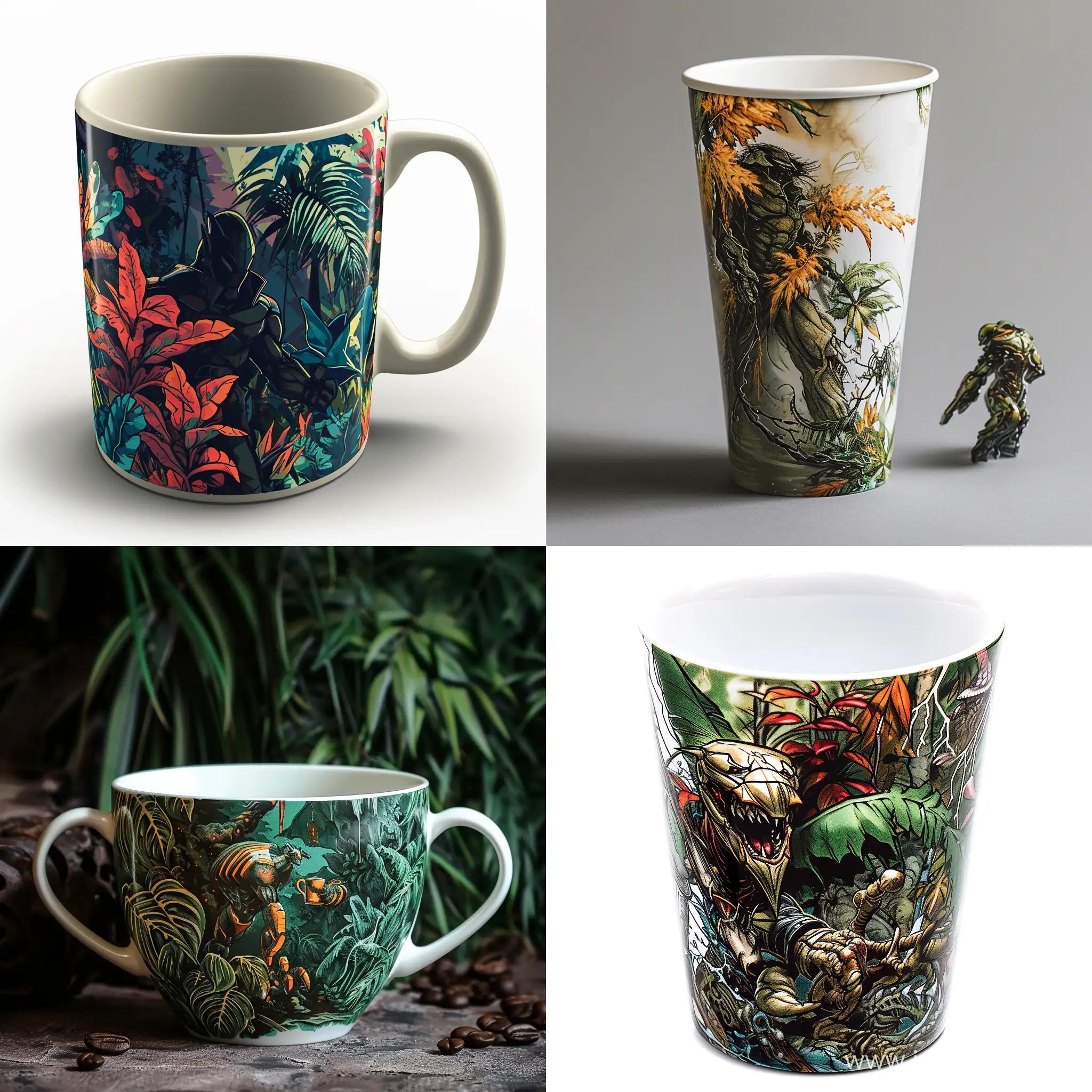 A 500 ml coffee cup with a realistic fresco drawing on the theme of coffee, plants, the film Guyver the dark hero fights Zoanoids, in the style of illustration