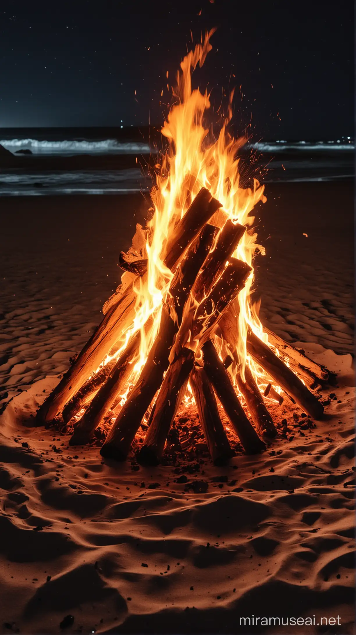 Di pinggir sebuah pantai pada malam hari tampak dari dekat sebuah api unggun kecil dengan api yang menyala dan membara.