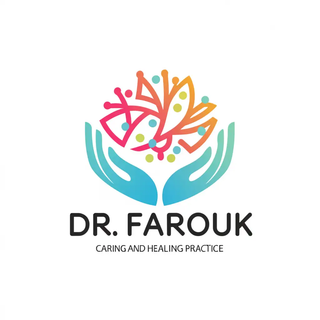 a logo design,with the text "Dr/ Farouk", main symbol:Design a logo that depicts hands cradling a brain or a neuron, emphasizing the caring and healing aspect of your neurology practice.,Moderate,clear background