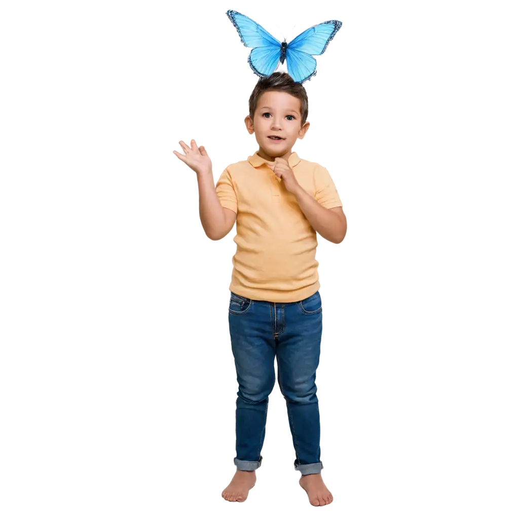 a cute little boy with butterfly over head