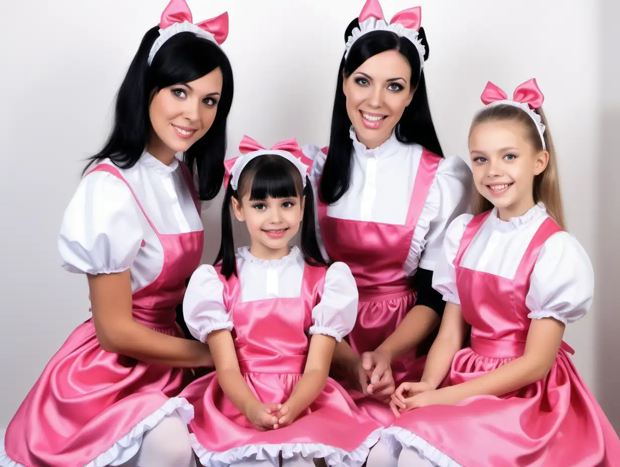 two black and blonde hair  mothers and their black hair litle daughters in satin dark pink english maid uniforms smiled by their mistress dental