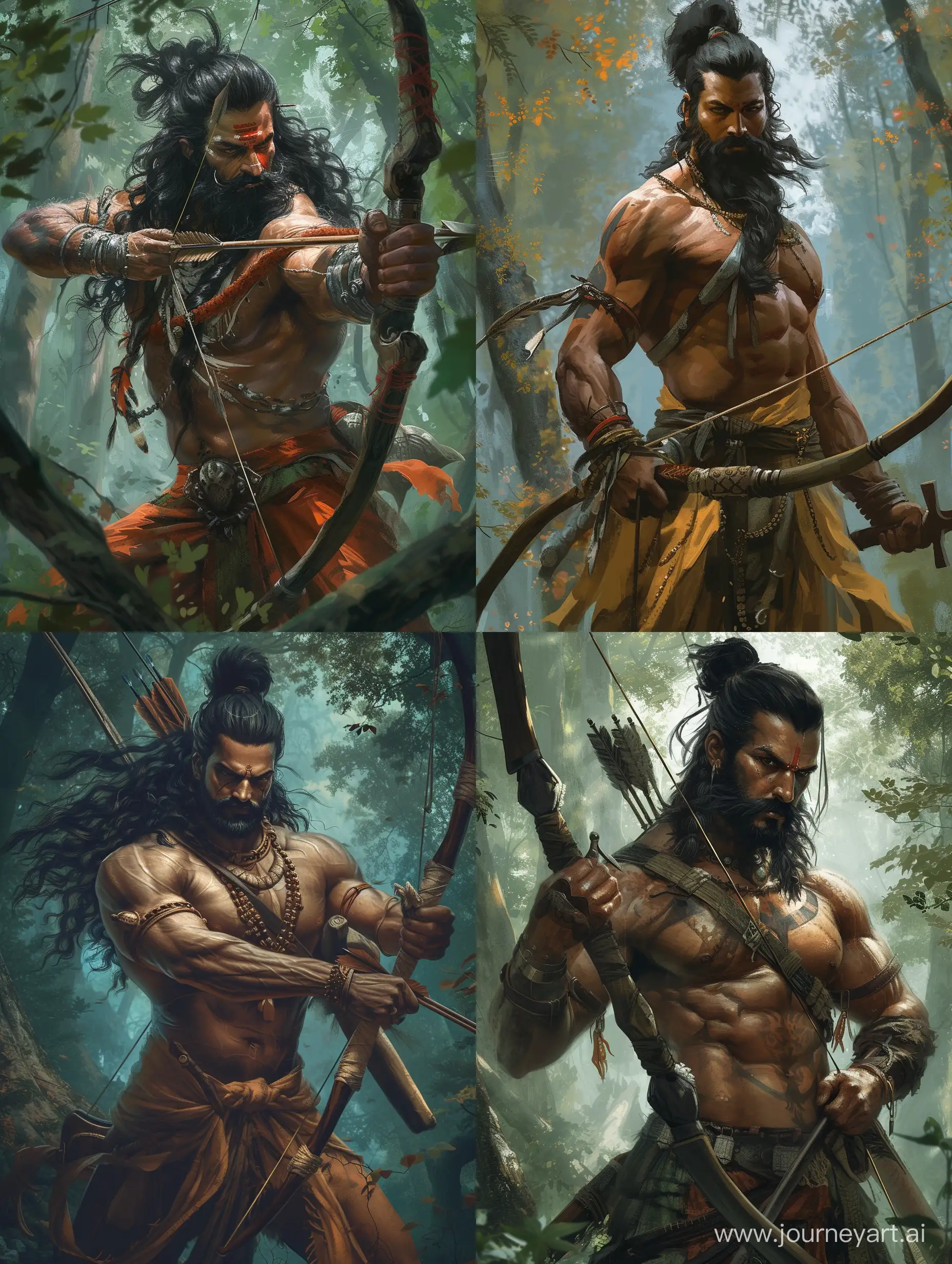 Realistic digital paintings depicting a Hunter from ancient Indian times, muscular, black haired, bearded, holding a bow and a sword, forest background, intricate details, UHD 