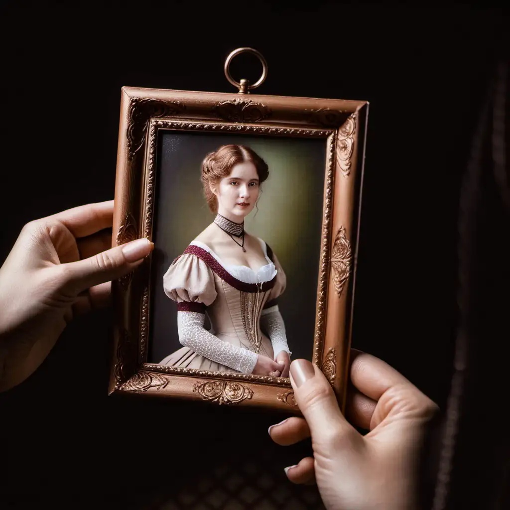 The photo shows hands delicately holding an old color photograph of a beautiful woman in Victorian era clothing.  The background of the photo is neutral to focus attention on the photo itself, which is like a portal taking us back to the past.  The scene is atmospheric, with subtle elements that add depth and mystery, making the moment vivid and the past felt.  There are no additional people in the frame, which allows you to fully concentrate on photography and capturing the moment.