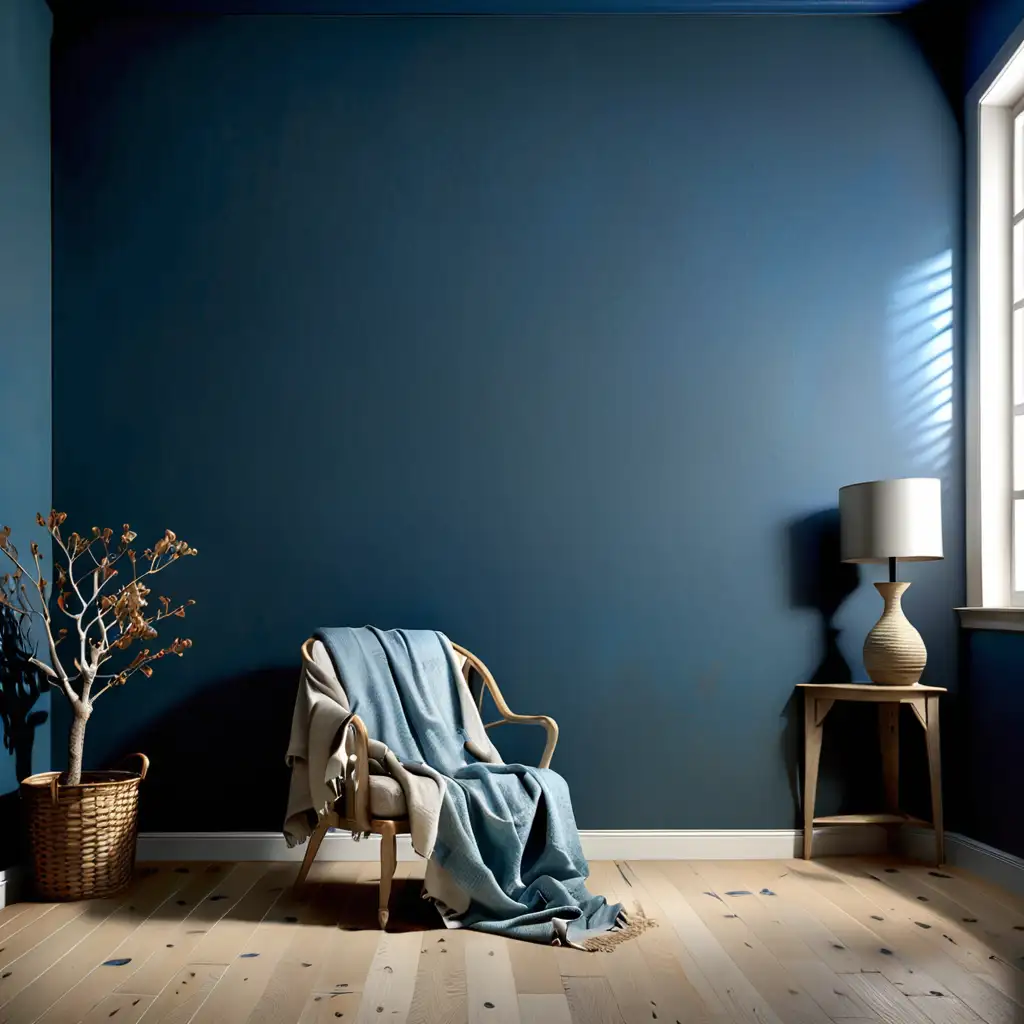 Cozy Corner with Armchair and Blanket on Gray Blue Wall and White Washed Oak Flooring