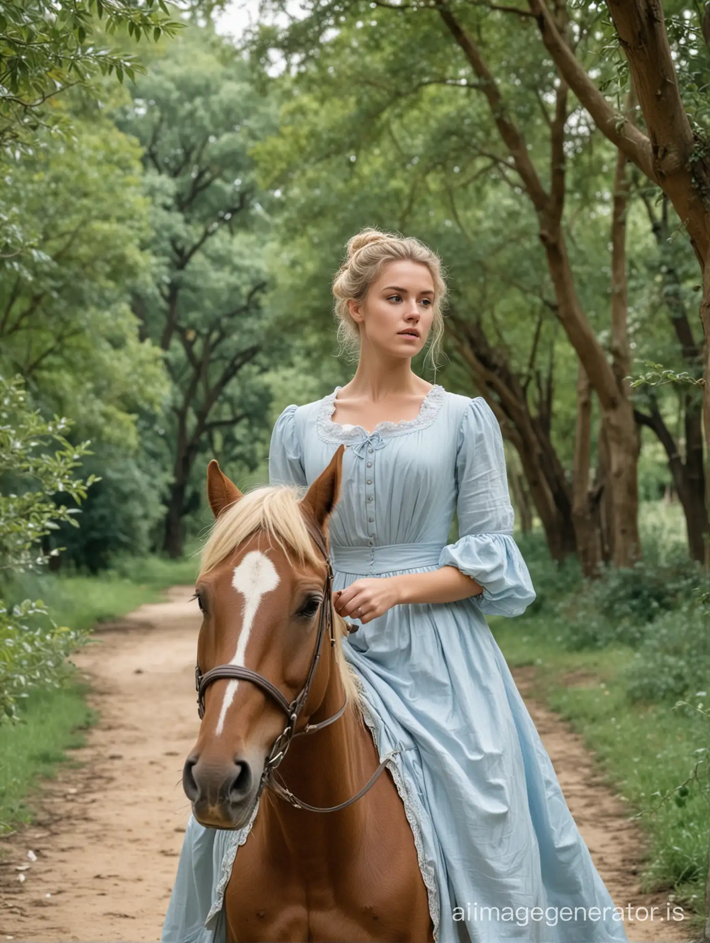 Young beautiful lady ((Regency Era)) blonde hair in a bun no make up worried expression pale blue dress rides on a horse by an earth path surrounded by trees