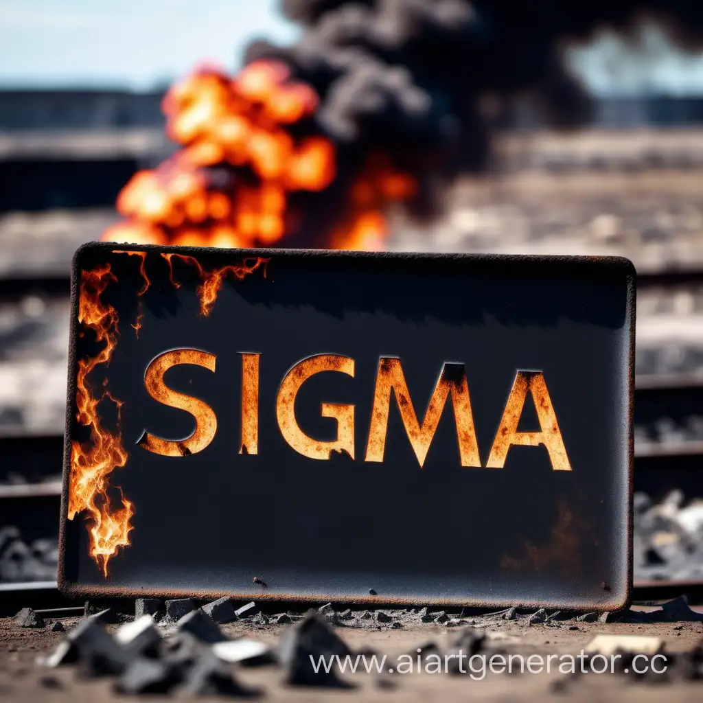 на ржавом металлическом куске, нагретая, выжженная надпись: "sigma", черный дым исходит от нее, на фоне свалка, блюр фона, отражение от металла