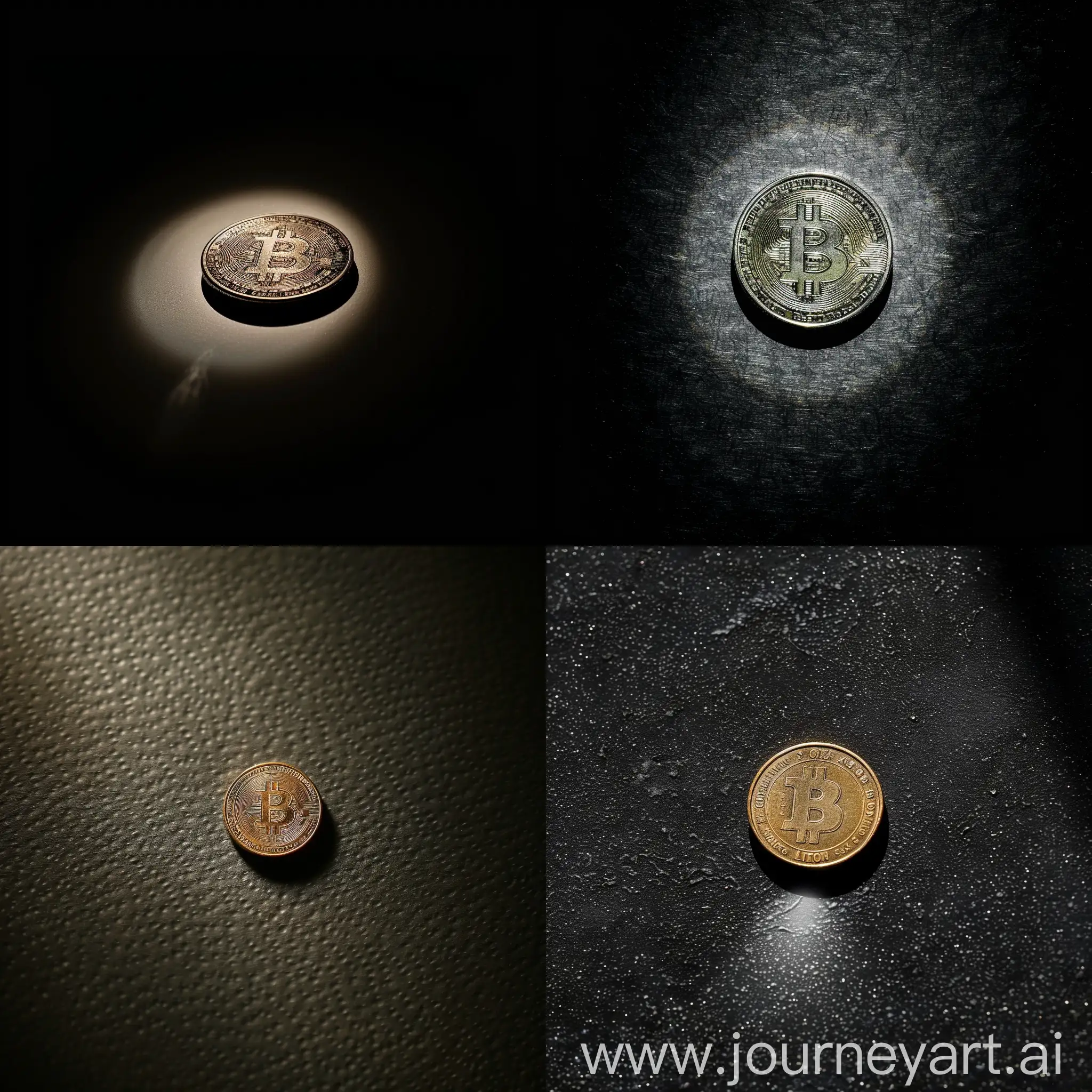 coin in the middle of the black background and the light spot on it