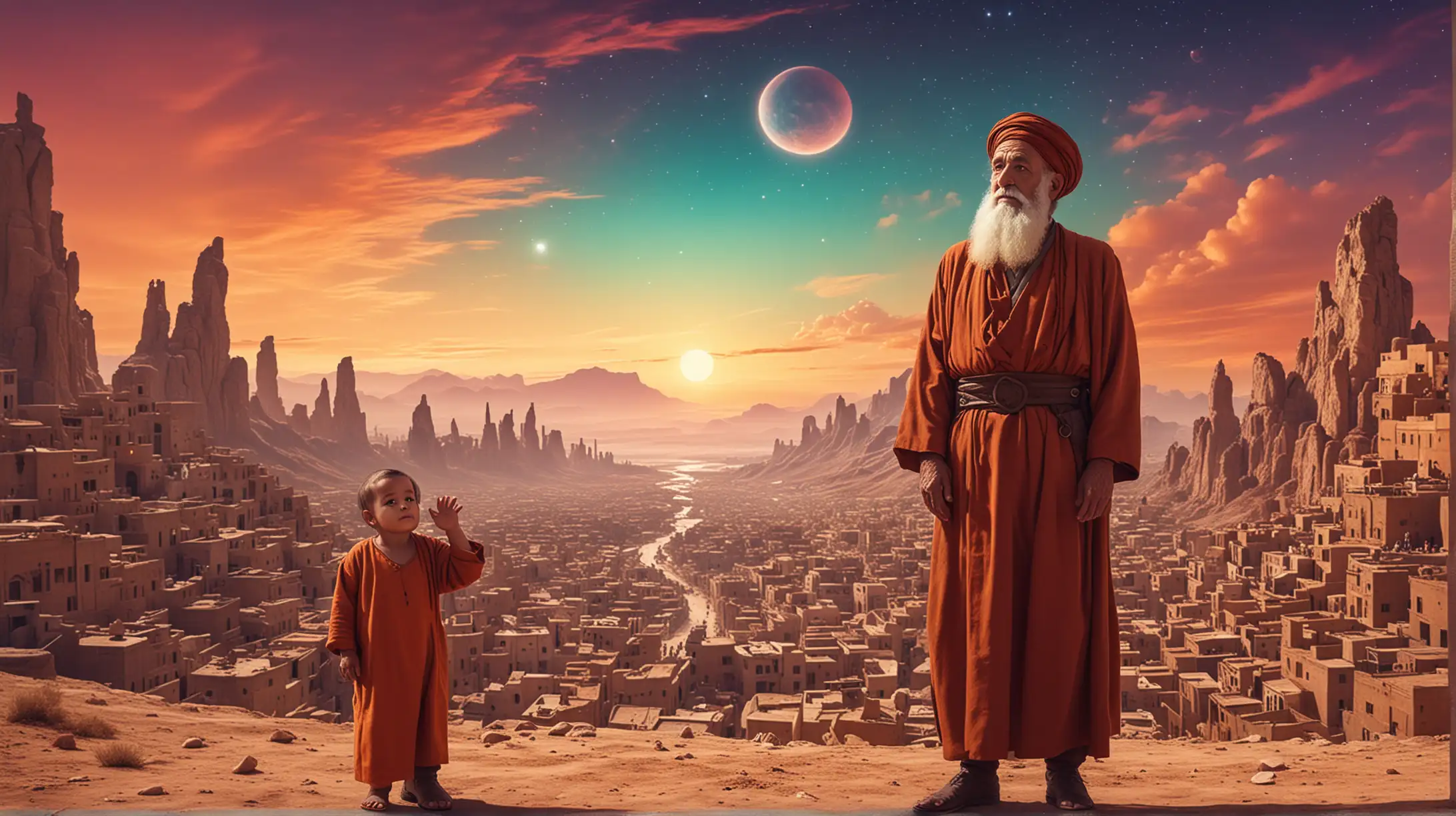 Ancient Biblical Abraham and Baby Ismael in Futuristic Cityscape with Vibrant Celestial Elements
