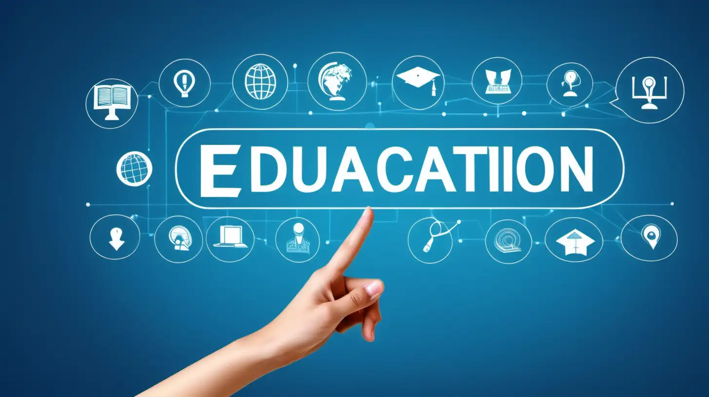 Hand Pointing at Education Icon on Blue Internet Background Elearning Online Concept