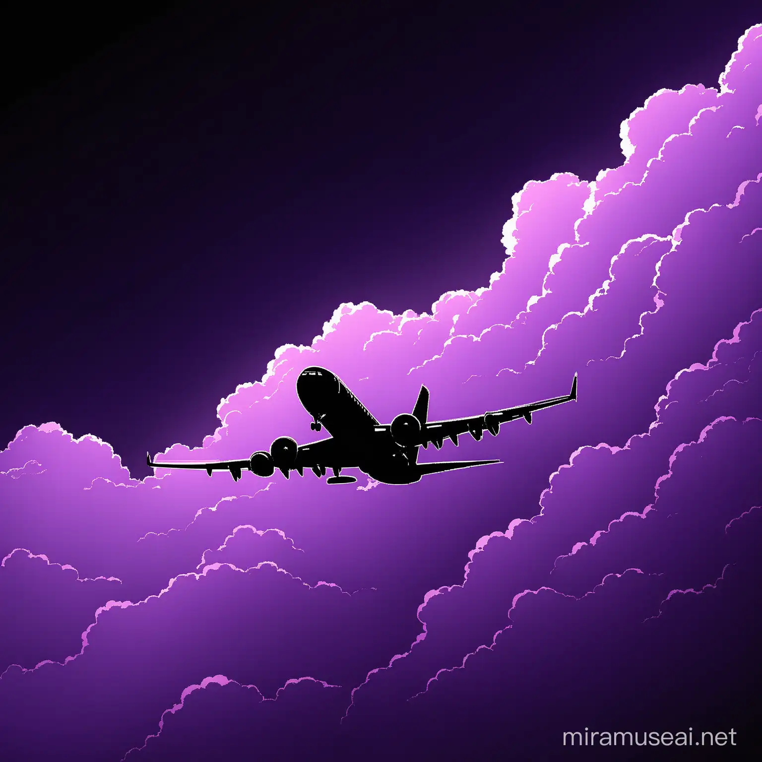 Airplane Soaring Through Purple Clouds with Dark Shadows on Black Background