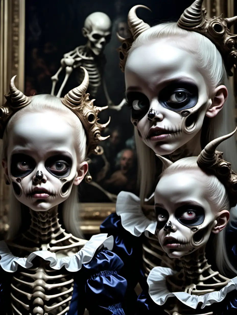 little girls from this artwork, in the style of otherworldly grotesquery, sci-fi baroque, photorealistic painting, darkly comedic, precisonist, devilcore, skeletal --s 750 -- v5.2