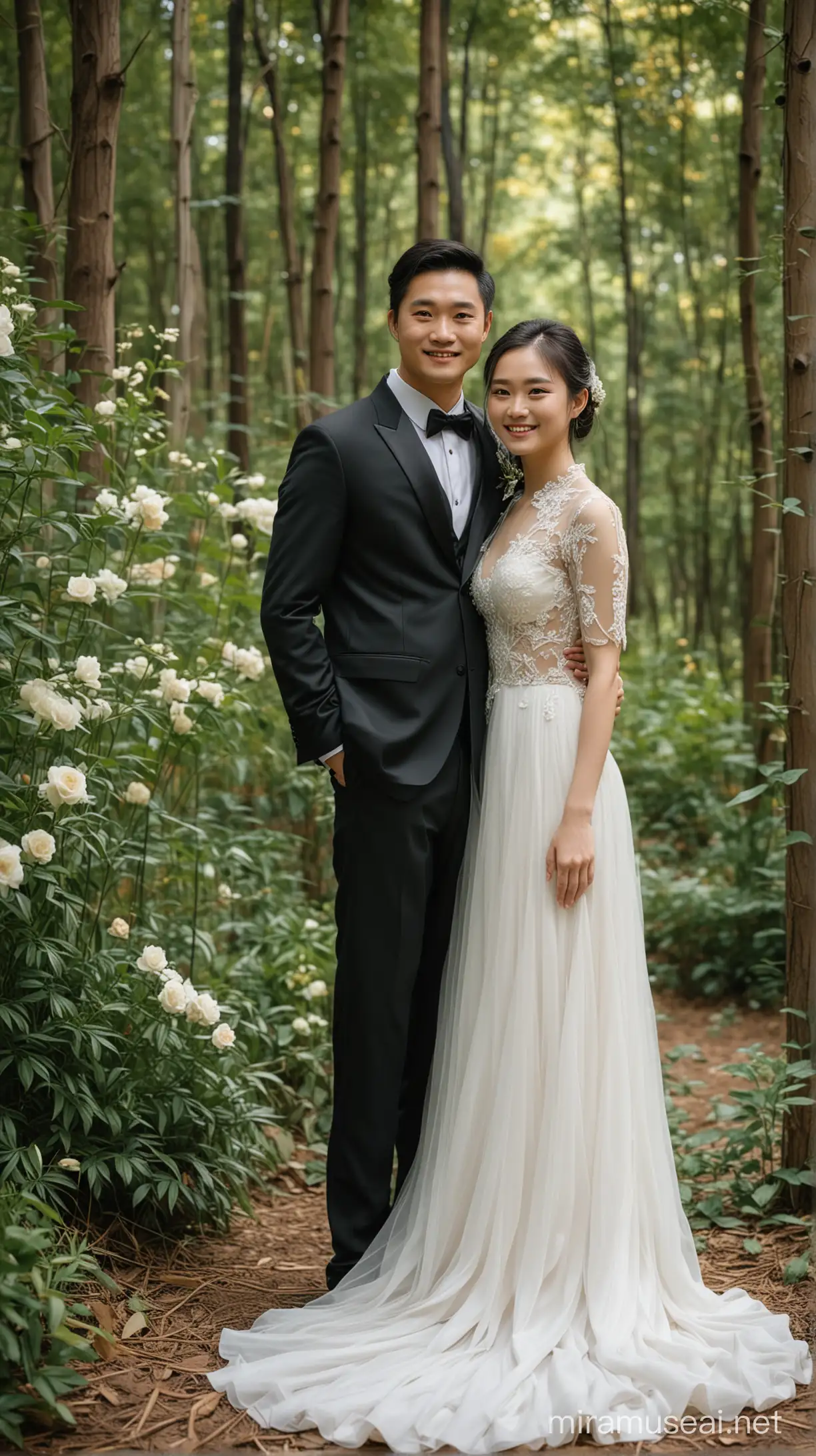 wedding photos,portrait photography,forest wedding dress,ream color,an elegant Chinese couple,girls  wearing an elegant white wedding dress ,man wearing a formal black suit, smiling,the two people look at the camera,plants,flowers,forests,light gold and dark gree,romantic