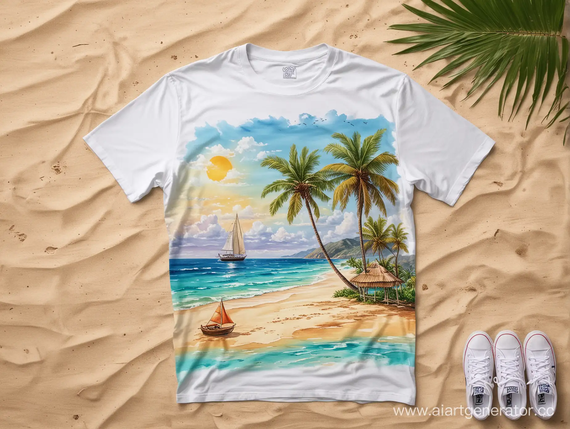 make this shirt on the background of the beach with the sea, add coconut, palm trees and a yacht to the background