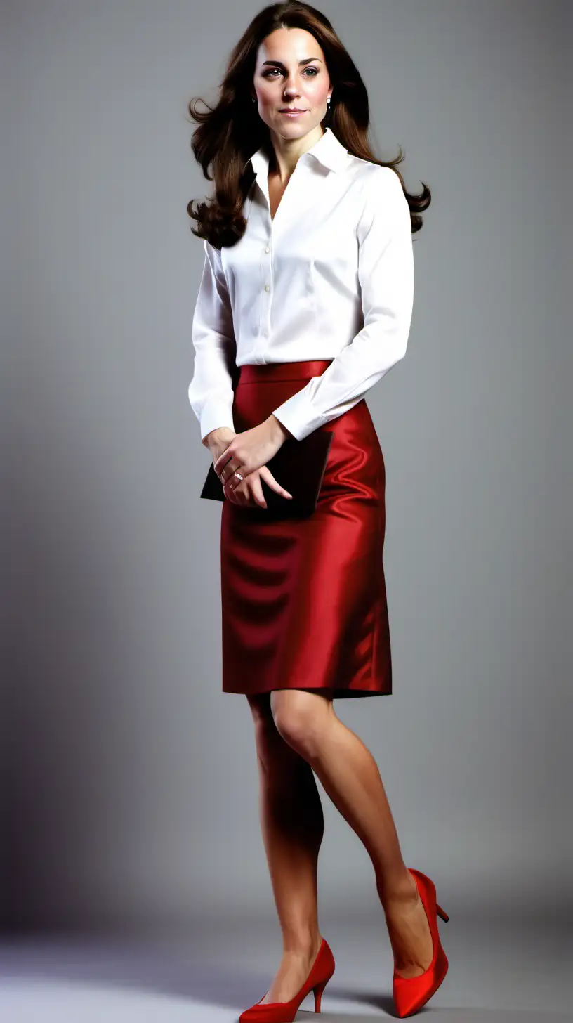 Young kate Middleton long dark brown hair, long sleeved snowy white stretch silky satin shirt blouse and red linen pencil short skirt and red pumps in very brightly white background 