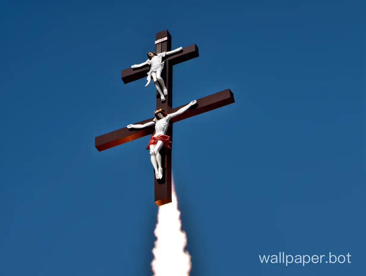 un grand crucifix avec de gros réacteurs de fusée décolle de Cap Canaveral, vue en contre plongée sur le crucifix qui prend de l'altitude, ciel dégagé, ambiance sympathique