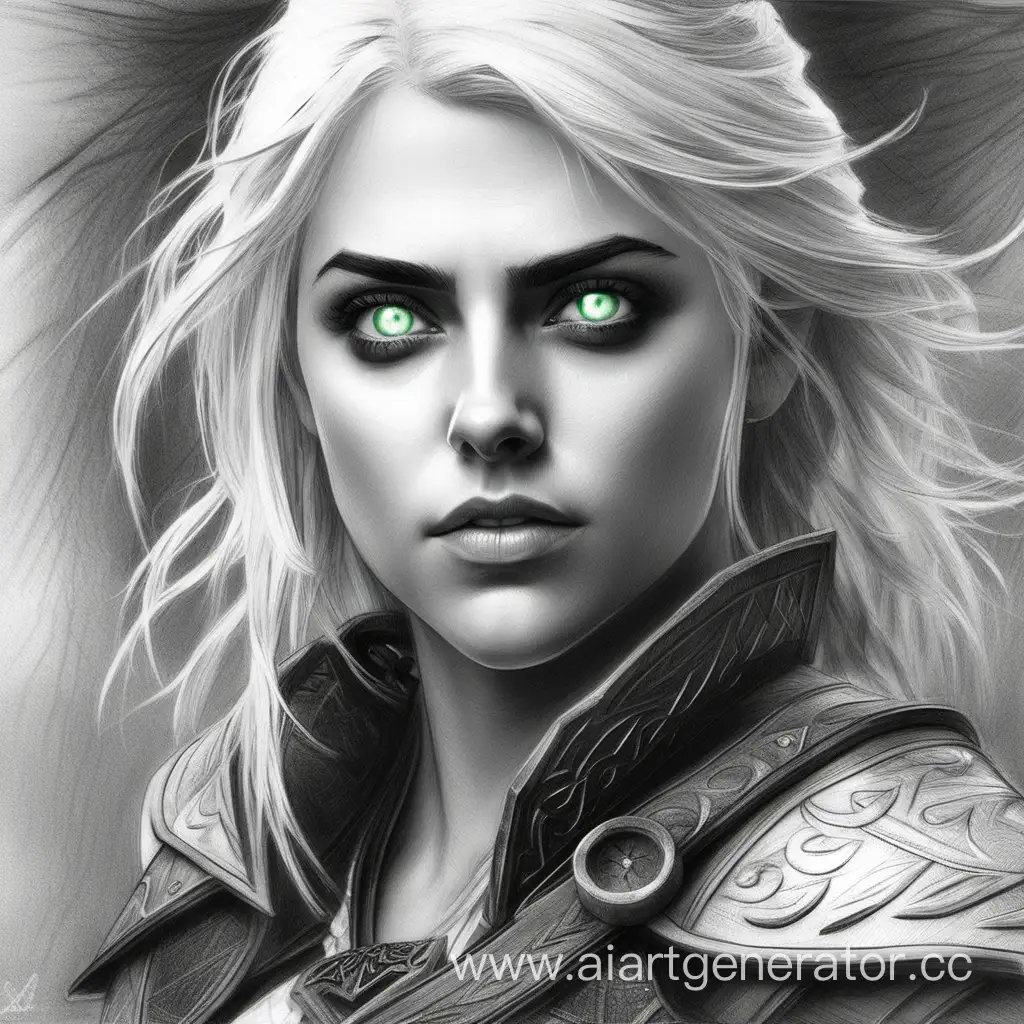 Ciri-Black-and-White-Pencil-Drawing-with-Striking-Green-Eyes