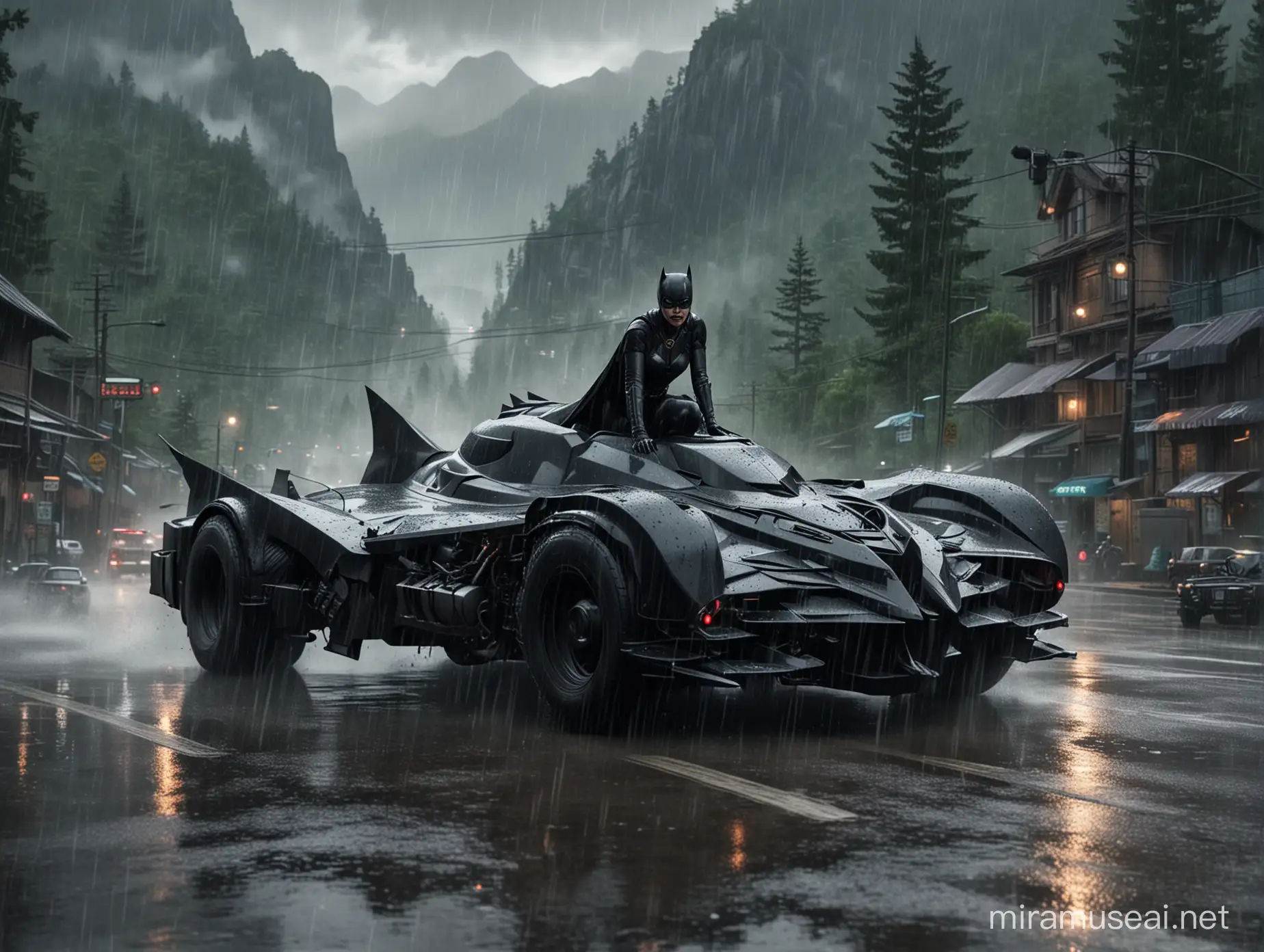 A Batmobile and an drives on the road in heavy rain, Catwoman is sitting on the roof of the batmobile. The background is forested mountainous terrain, with a high-definition photographic style, a wide-angle lens perspective, and dynamic lighting effects