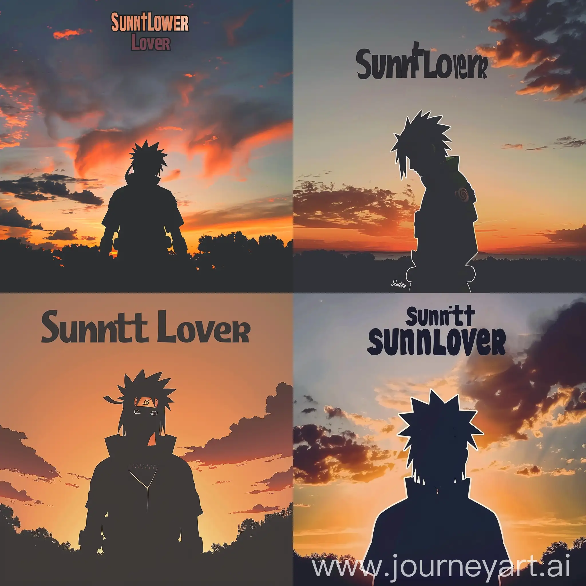 https://i.postimg.cc/nrByhnRM/In-Shot-20240306-184113924.jpg Silhouette of a Minato from the anime naruto against a sunset sky with the text \"Sunset Lover\" in the upper half of the image