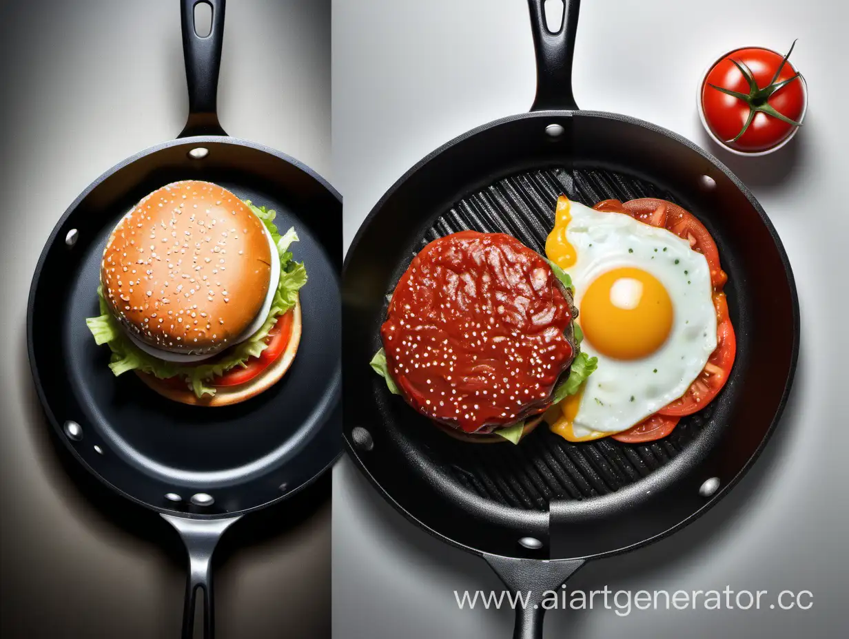 divide the image into two parts with a transition between these two images as creative as possible but there should not be a line, the image on the left must be a burger with the vision from one side and on the right a homemade food such as an egg fried with a tomato next to it and placed in the pan, with the sauce on top
