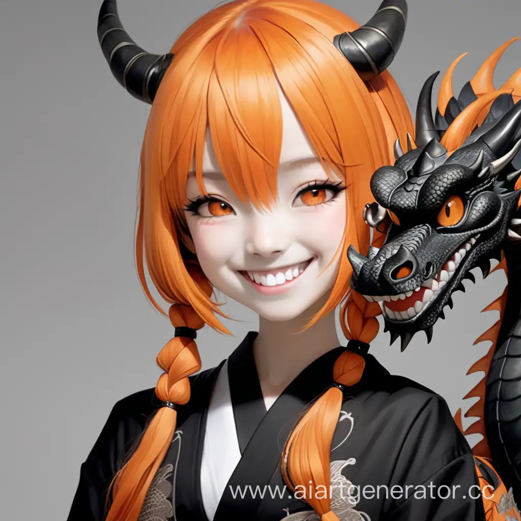 Девушка японка, оранжевые волосы, маска дракона, улыбка,очень- очень мрачно и темно