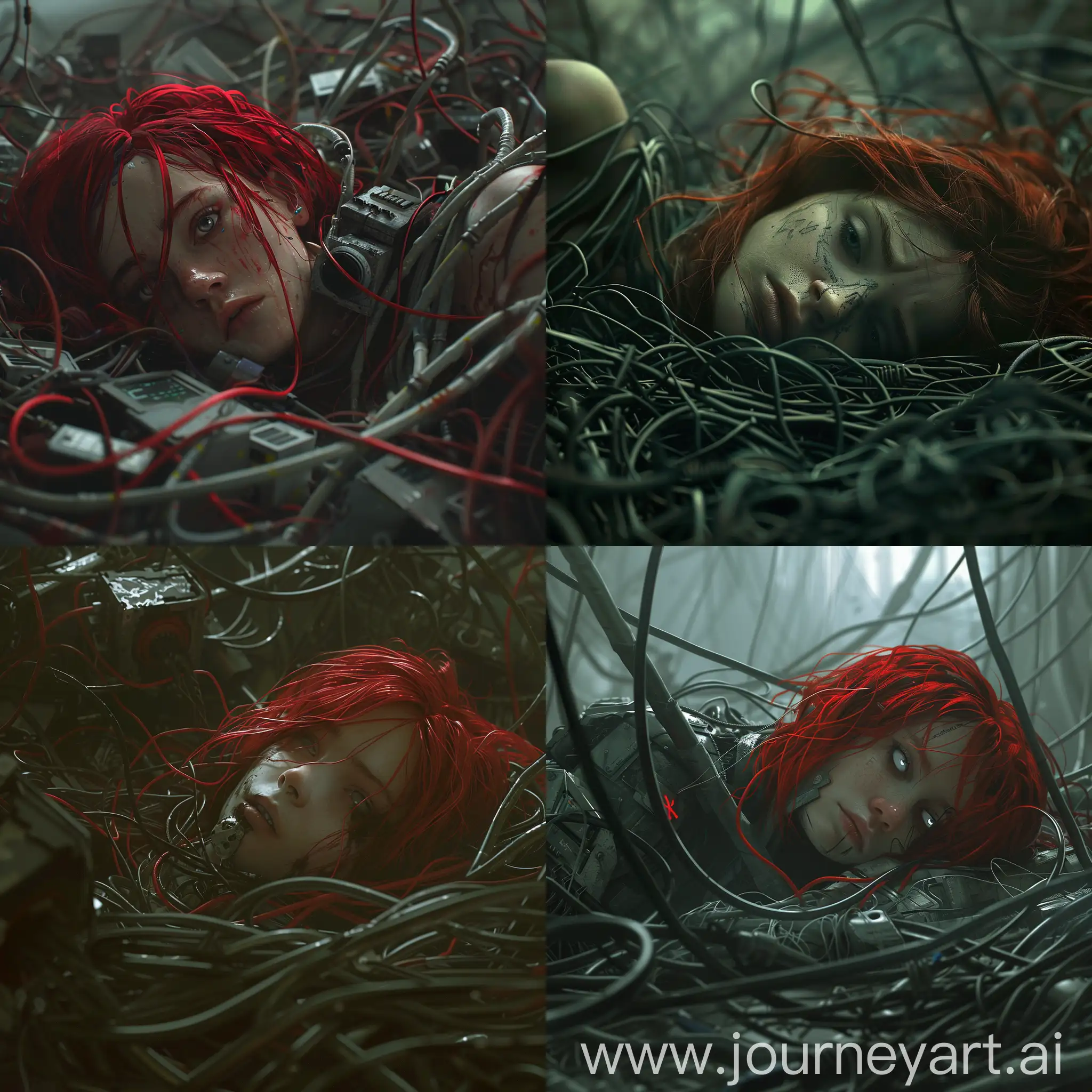 Киберпанк. Девушка с красными волосами лежит в куче проводов и она сама подключена к этим проводам. Мрачная атмосфера, на ее глазах печаль