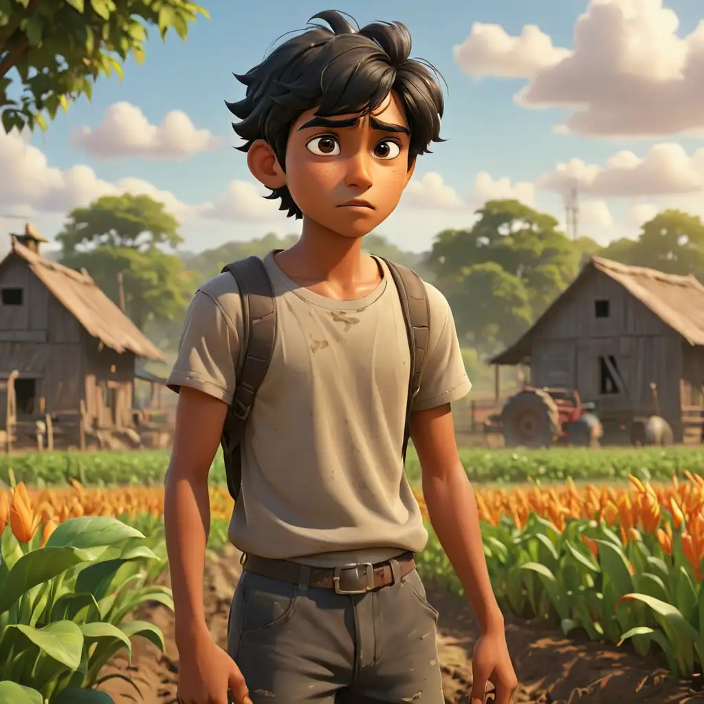 Create a 3D illustrator of an animated scene where a sad looking,  indian skin toned, frustrated 17-year-old grandson with black hair is preparing the farmland, despite being physically fit, displays laziness while preparing a farm for planting. Show him with a sweat flowing face to convey exertion. Include beautiful, warm and colourful background illustrations.
