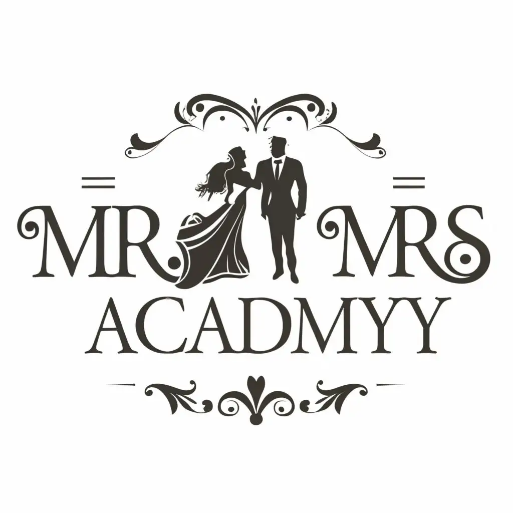logo, Beauty agent, male and female, white and silver, with the text "mr and mrs ACADEMY", typography, be used in Events industry