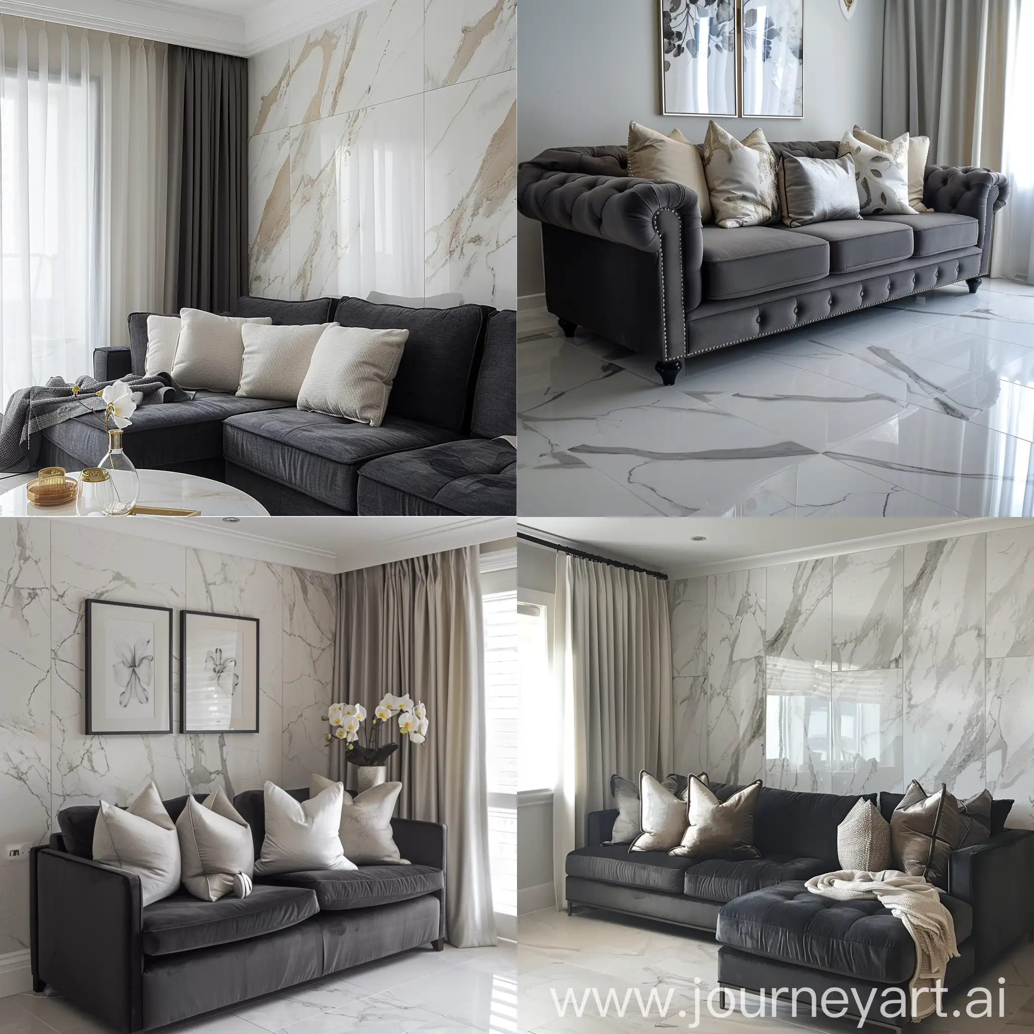 Create living room picture with dark grey sofa and cream white marble. Pick curtains of your choice that creates awesome room picture