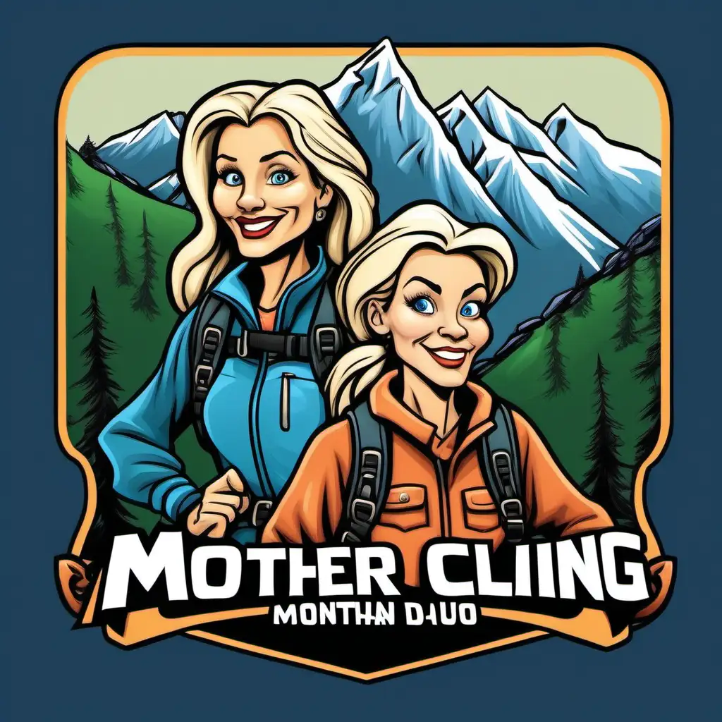 Logo for merchandise for a mother daughter mountain climbing duo. Elaborate cartoon in the style of disney cartoons. They're both caucasian, mother has dark hair, and dark eyes daughter is a blonde with blue eyes. Mother is 75 years old and the daughter is 50. Make it age accurate.