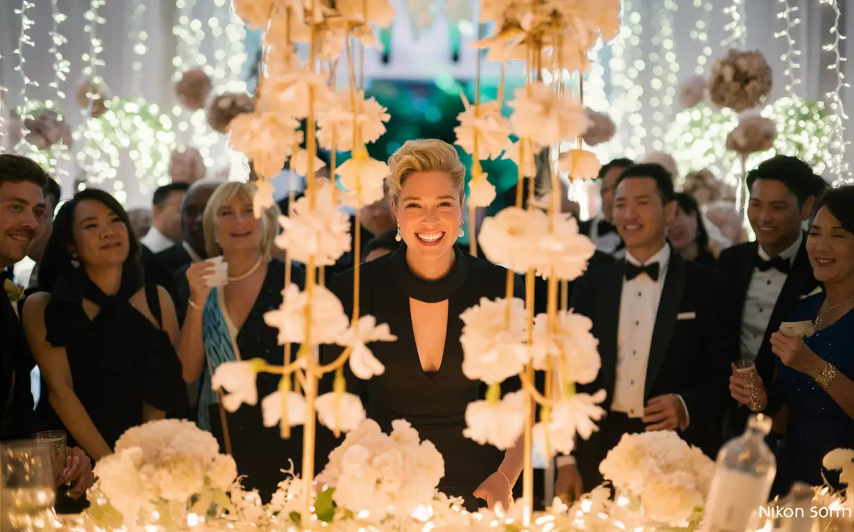 a realistic photograph of a guest in a wedding, looking super happy, in front of other wedding guests, with some flower ornaments behind them, in a festive environment, white, black, and blue palette, nikon 50mm.