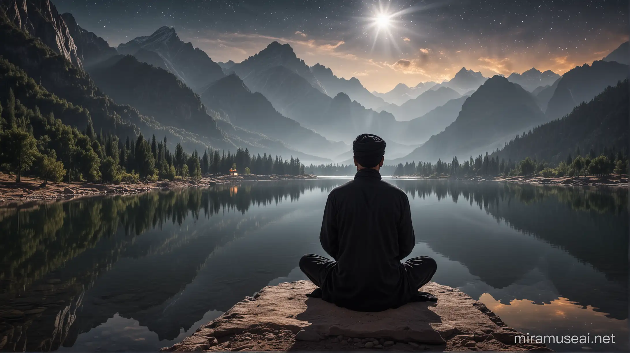 muslim man wearing a back turban sitting infront of a devine lake meditating while you can see a beam of light from the mountains at night