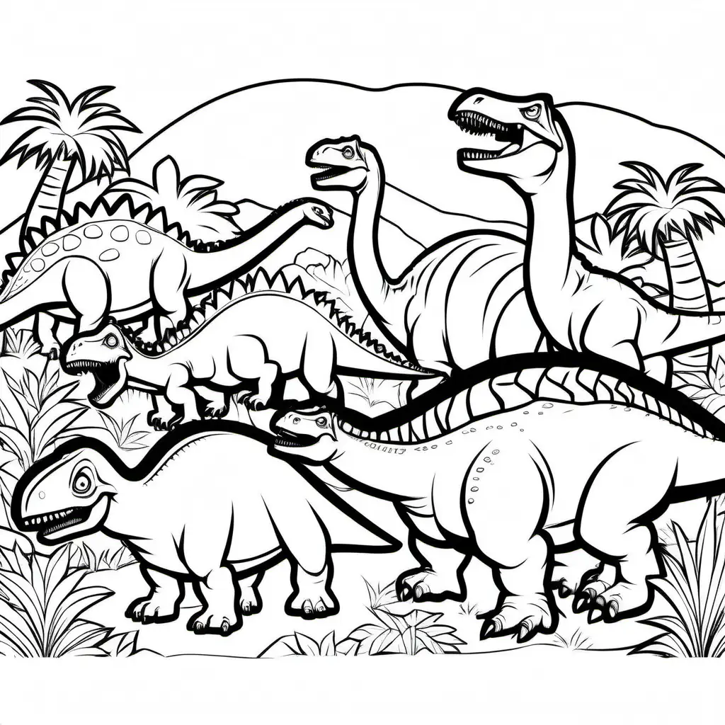dinosaurs eating, Coloring Page, black and white, line art, white background, Simplicity, Ample White Space. The background of the coloring page is plain white to make it easy for young children to color within the lines. The outlines of all the subjects are easy to distinguish, making it simple for kids to color without too much difficulty