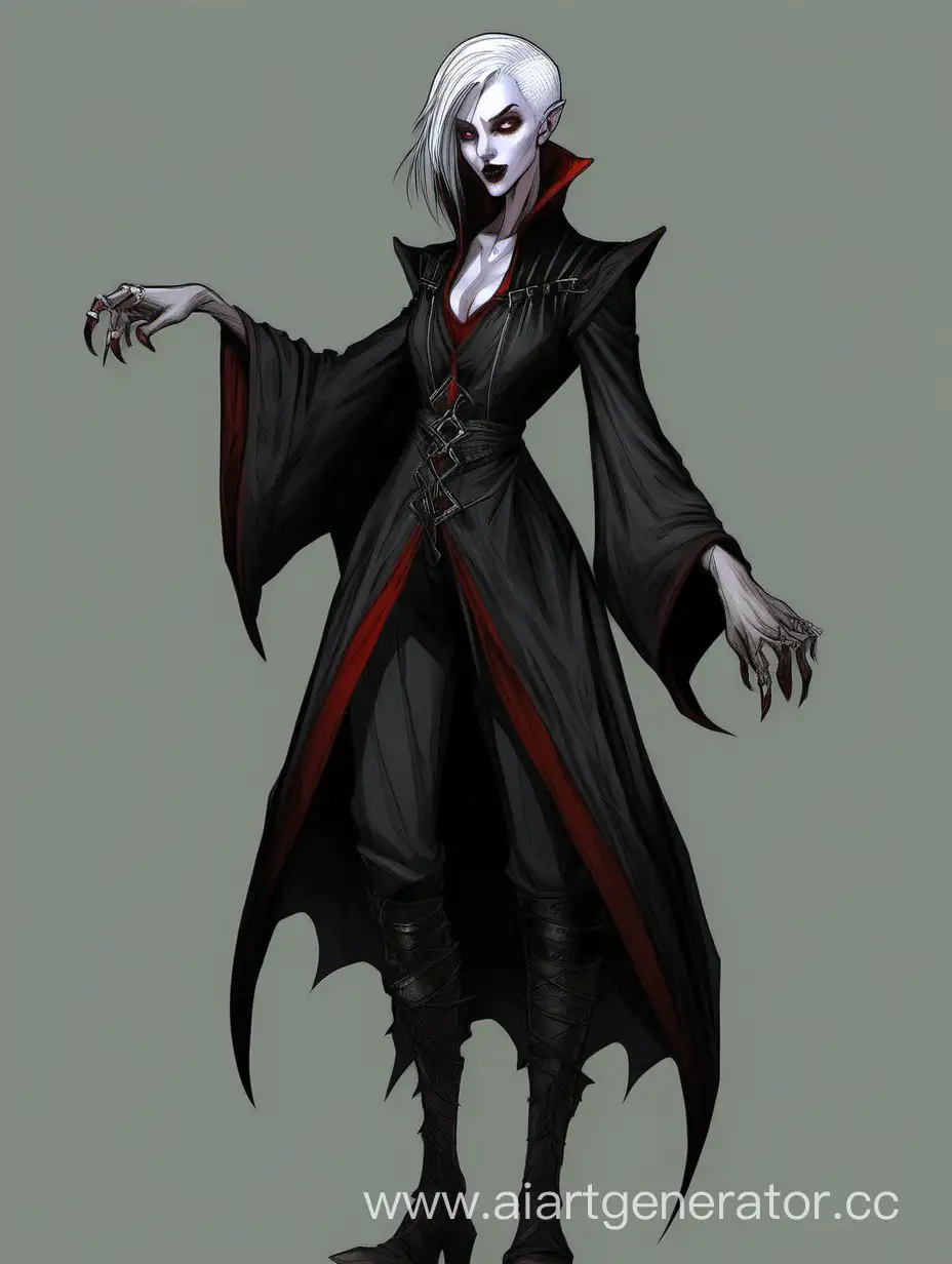 female; monster; vampire fangs; gray hair; buzz cut hairstyle; green eyes, red sclera; pale skin; no makeup; drow; dark fantasy; dungeon and dragons;  full body reference;