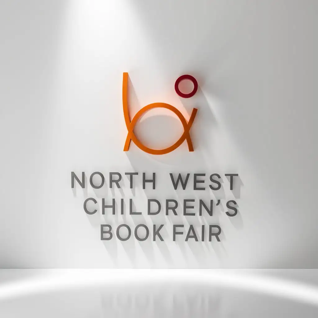 minimalistic logo for a book fair. orange red and grey colours, title "North West Children's Book Fair", white background, children symbol icon