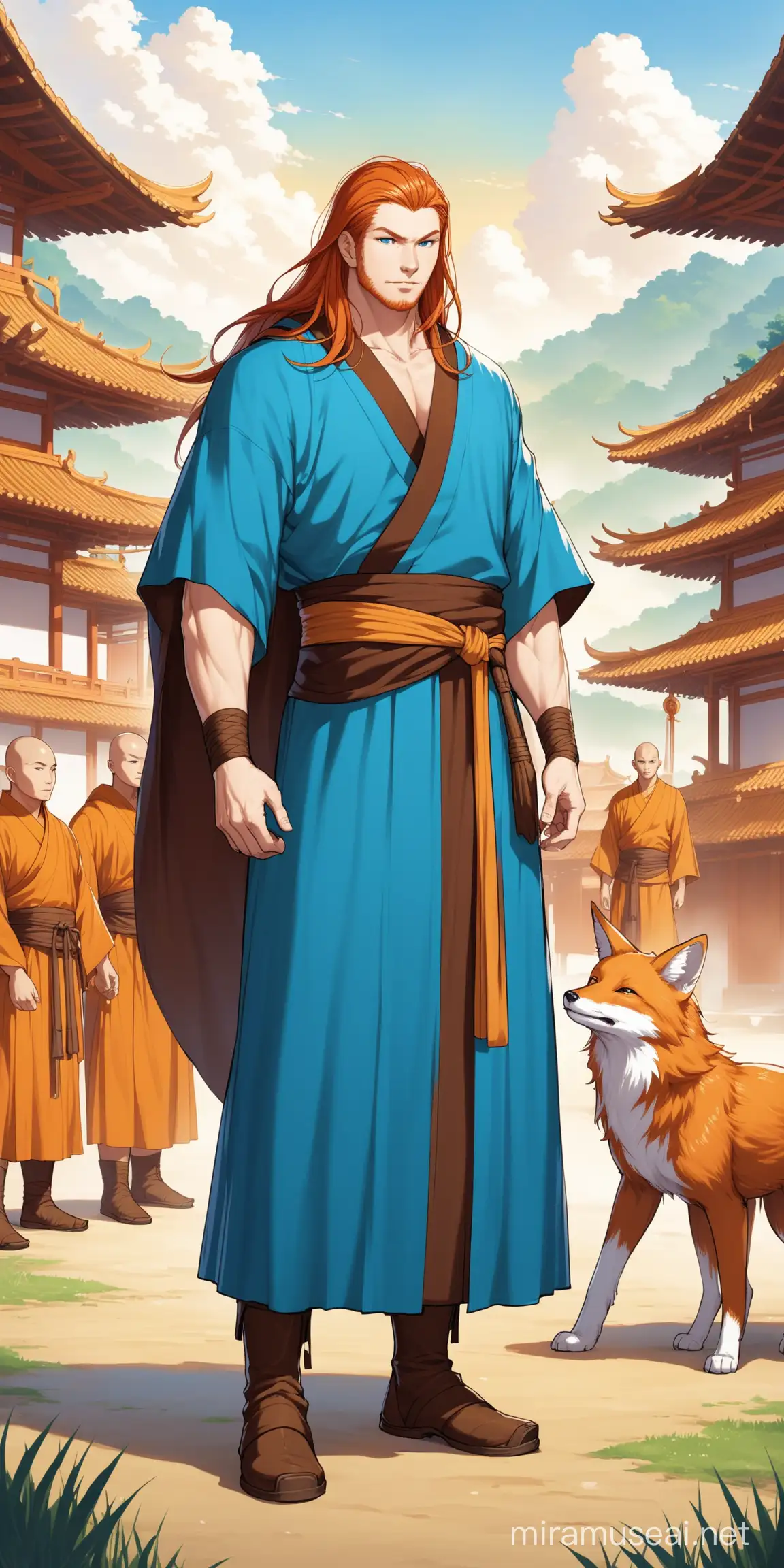 fox max, caucasian man, warrior monk, white and blue robe, ginger hair, brown boots, standing, long hair, 