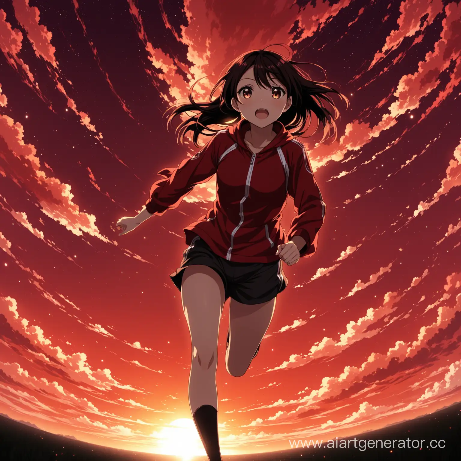 Anime-Girl-Running-and-Gazing-at-the-Crimson-Sky