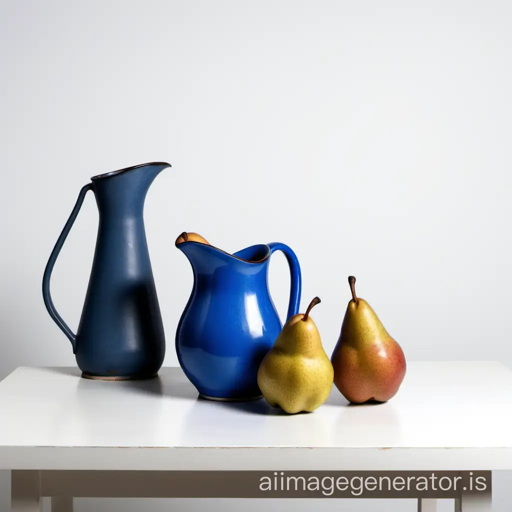 draw a still life with four objects: two pears, a brown cup, and a blue pitcher on a white background and white table realistically