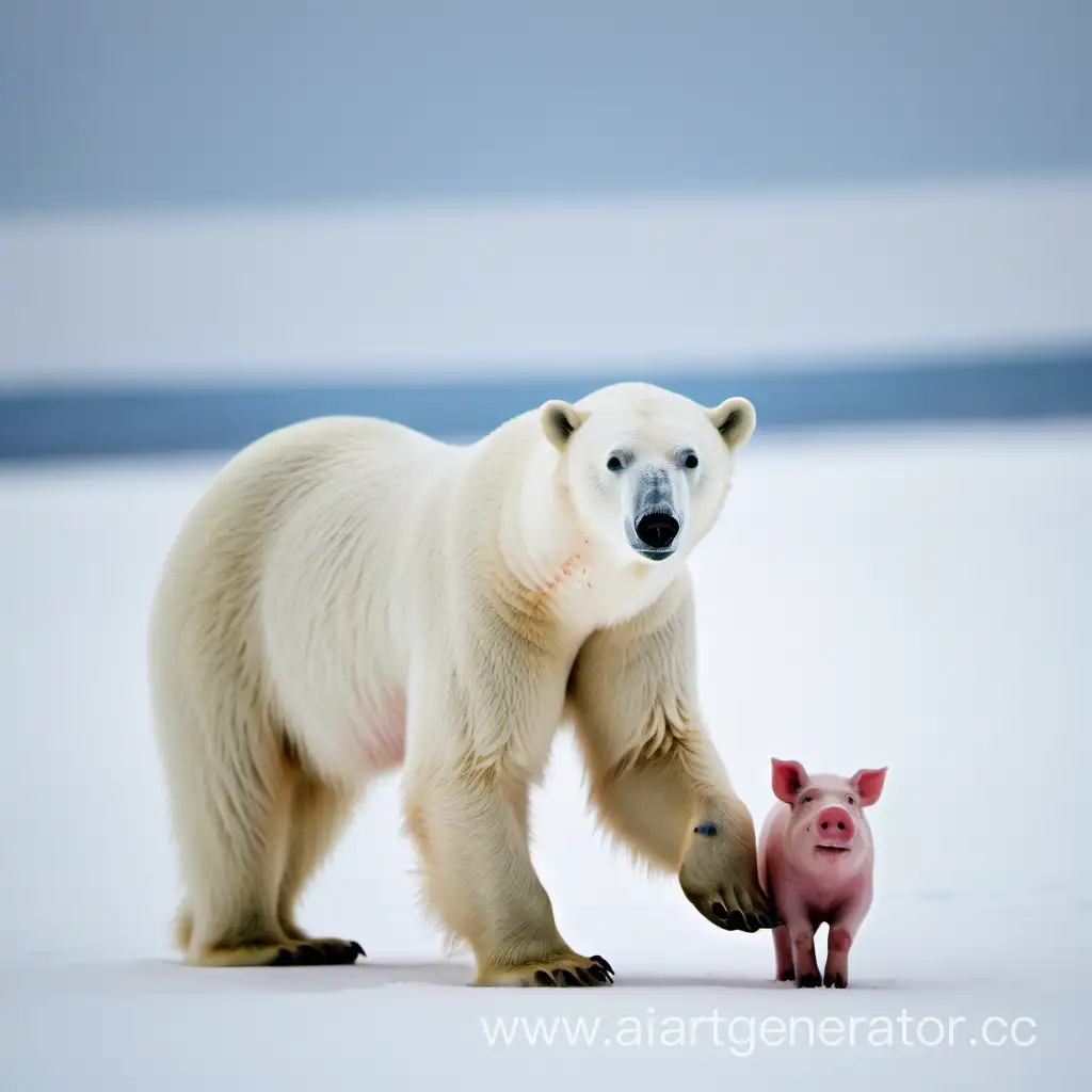 Graceful-Polar-Bear-Balancing-on-Three-Legs-with-Outstretched-Paw-Towards-Pig