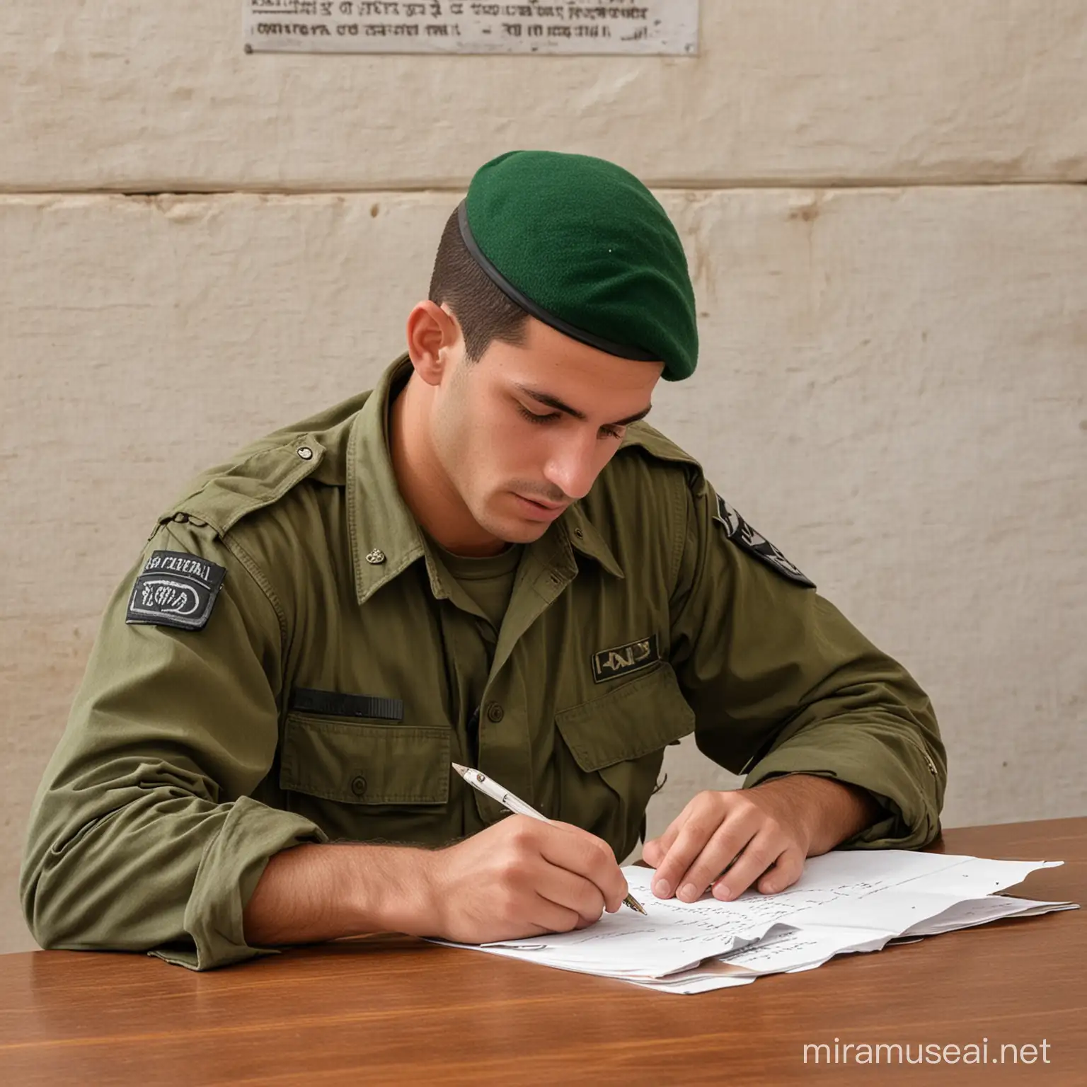 A solider writing a letter. Israeli.