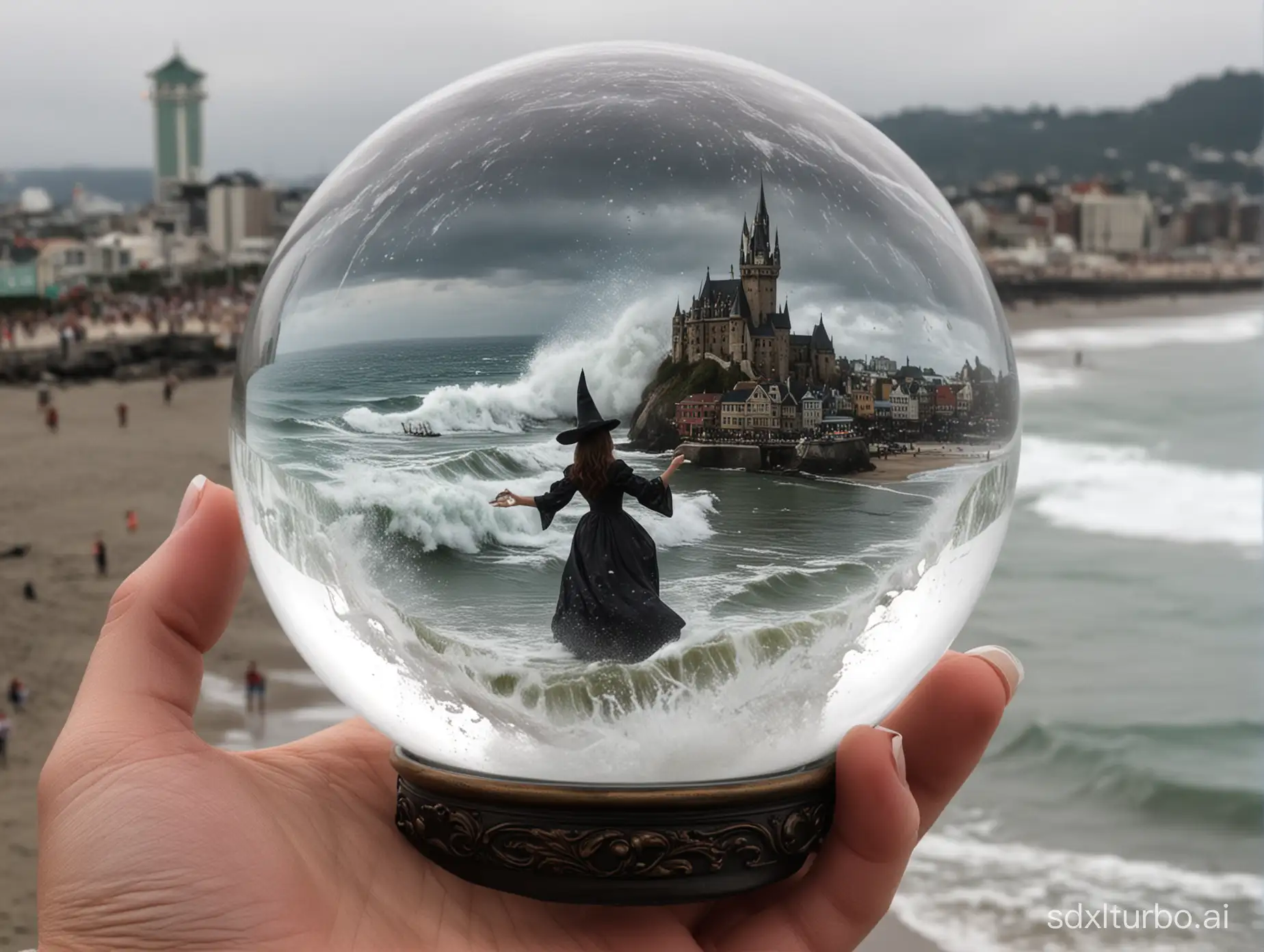 A crystal ball hovered in the pretty witch's hand, which presented an image of a huge tsunami rushing towards the city's crowd.
