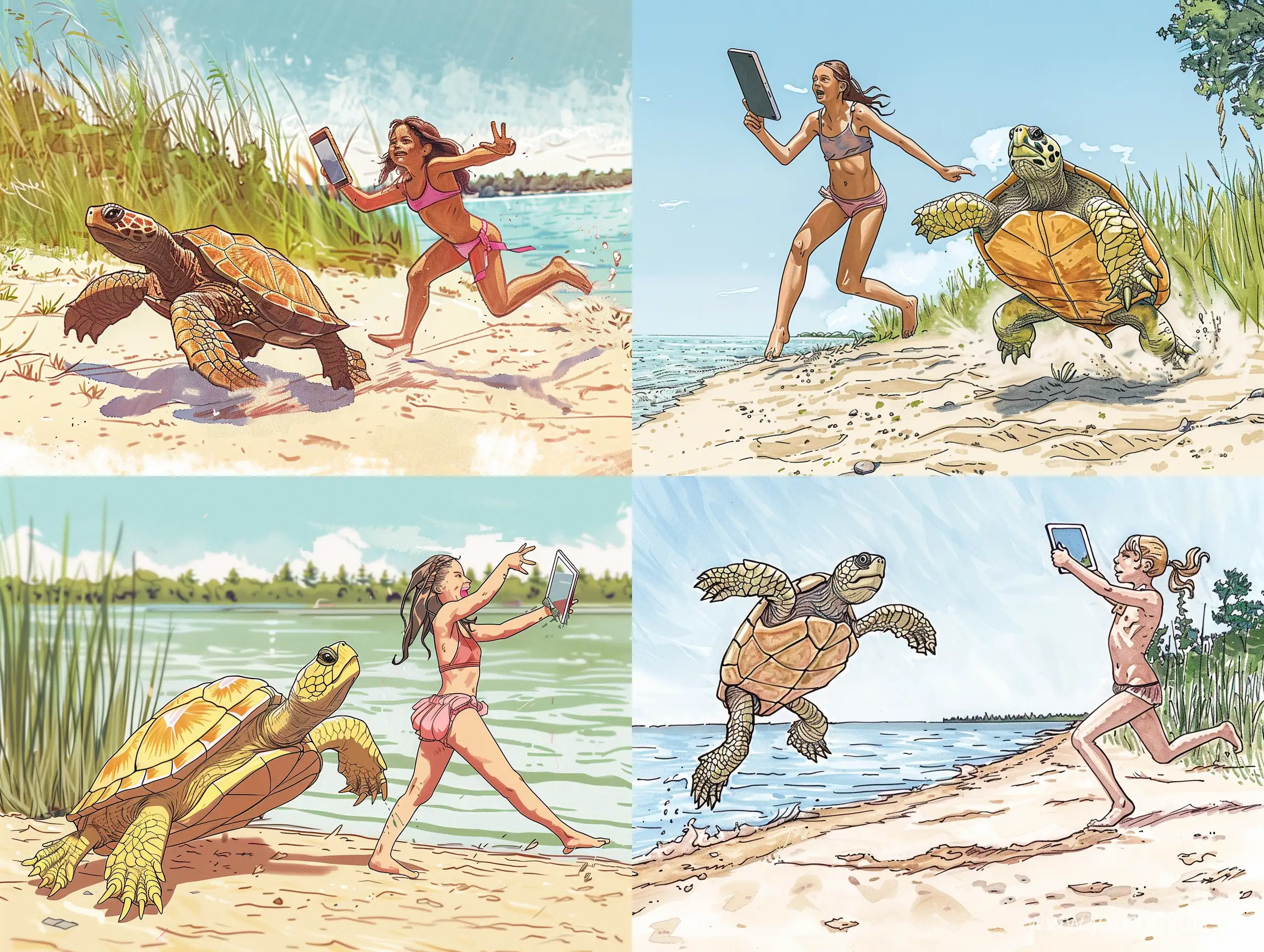 landscape format, sideview, summer, hot, lake shore, a big turtle is running hard on its hind legs, a non-dressed girl is chasing it in the same direction, the girl is running with her tablet raised high to take a picture., in the style of illustration for teens with colored markers, medium level of detailing