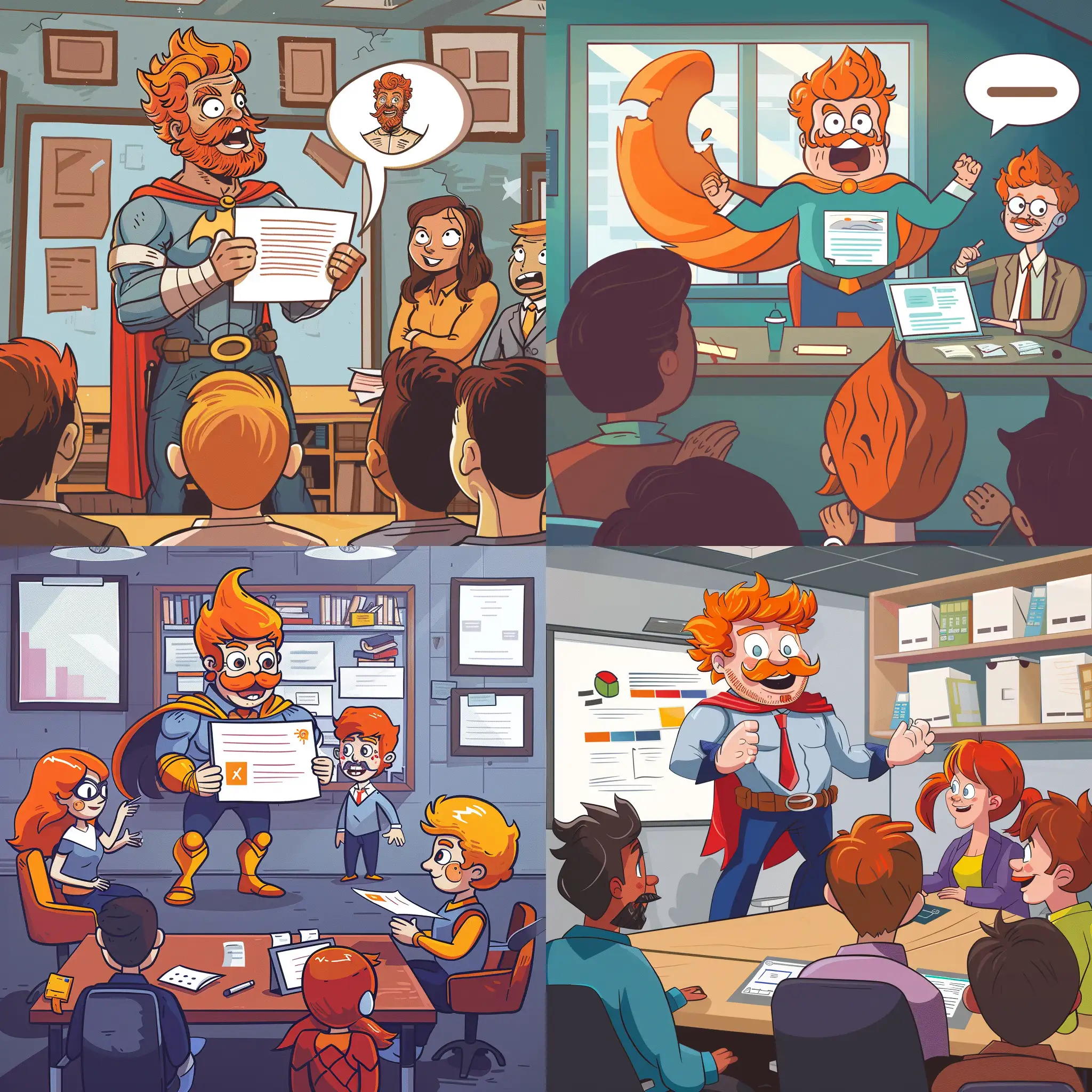 A superhero in a office setting, that is presenting a powerpoint and explaining to a excited audience. The superhero is a ginger, has a creepy moustashe, and is a scouser