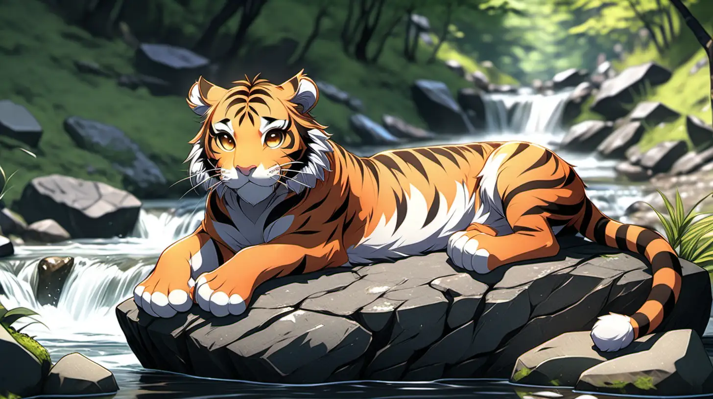 cute anime tiger laying on rock near a gentle stream, pacific northwest setting 