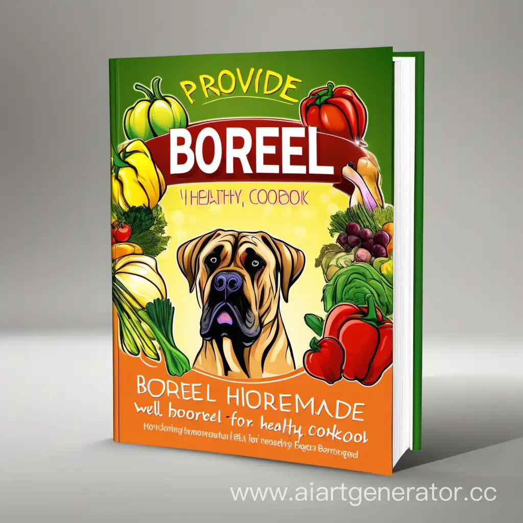 Create a stunning 6" by 9" book cover for a book titled ", Boerboel Homemade Food  Cookbook" provide a healthy, well-fed Boerboel surrounded with nourishing food. Make it colourful and bright to attract attention.