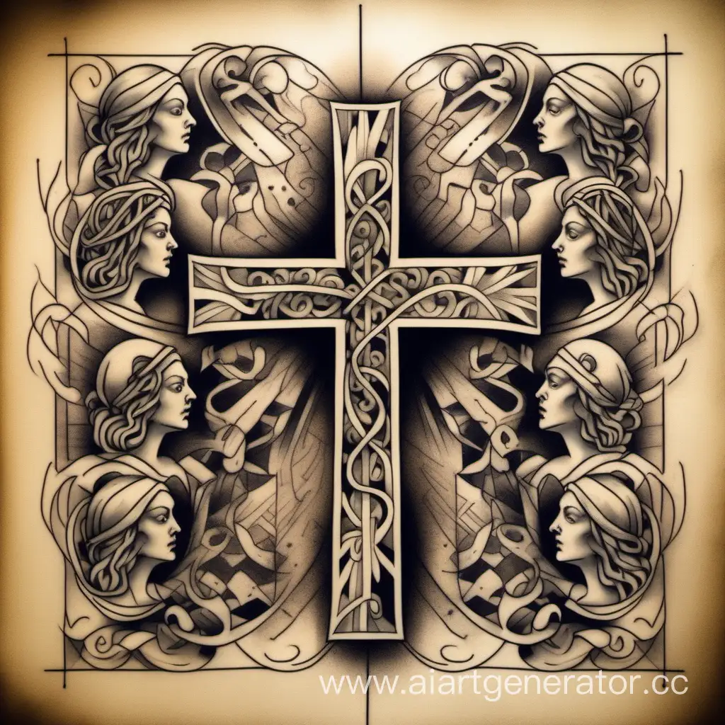 Эскиз татуировки в форме креста с изображениями из картин Ренессанса