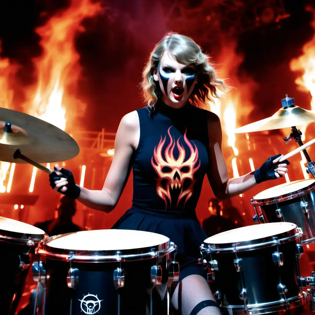Taylor swift with face paint behind a drumset for Slipknot the backround is a concert. Theres fire 