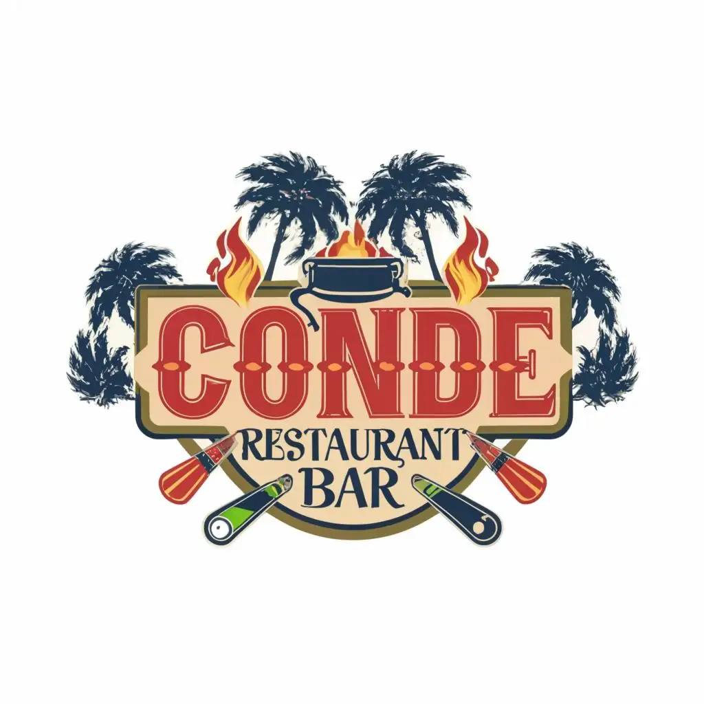 logo, Cooking pot, pool cue, red, white, blue, green, flames, palm tree, with the text "Conde restaurant & bar", typography, be used in Restaurant industry