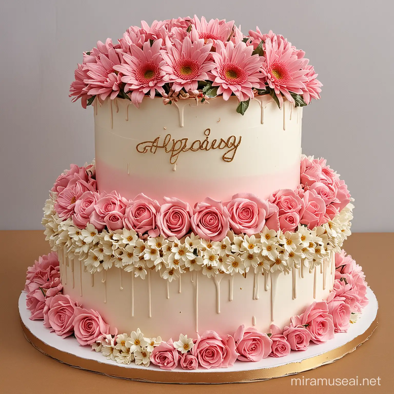 Amazing birthday big cake and amazing flowers for woman