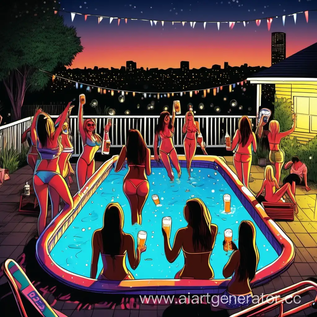 Nighttime-Pool-Party-with-Girls-and-Refreshing-Beer